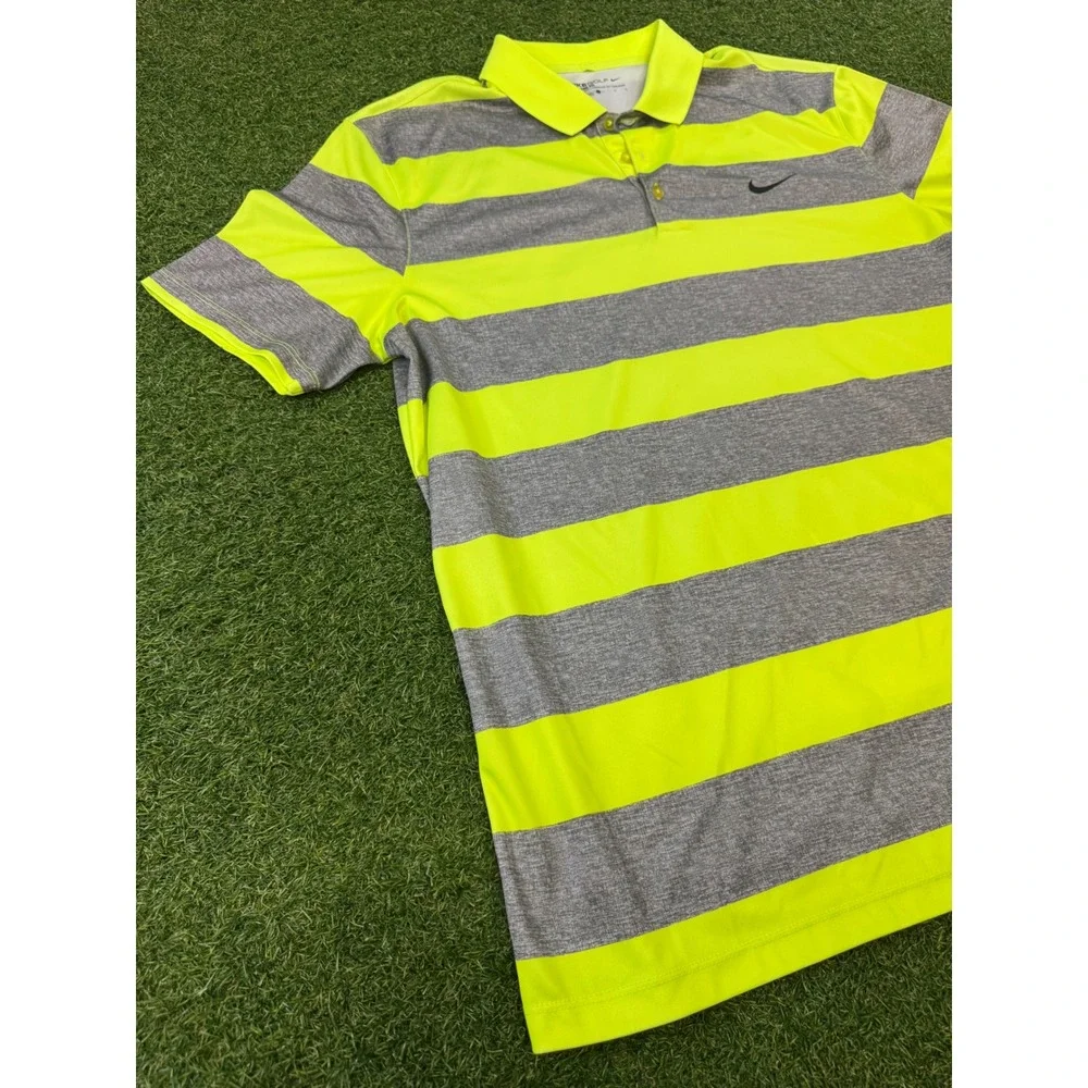 Nike Golf Mens‎ Dri-FIT Striped Polo Shirt Neon Yellow Grey Large Standard Fit
